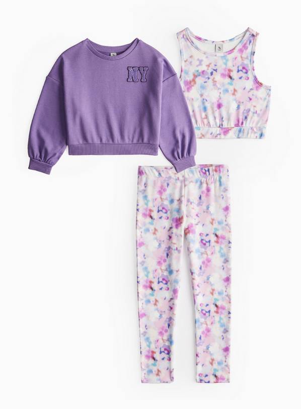 Tie Dye Cropped Top, Leggings & Sweatshirt Activewear 3-Piece Set 9 years